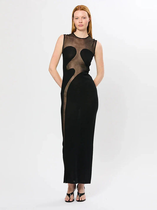 Black Mesh Illusion Bodycon Dress – Irregular Sheer Patchwork