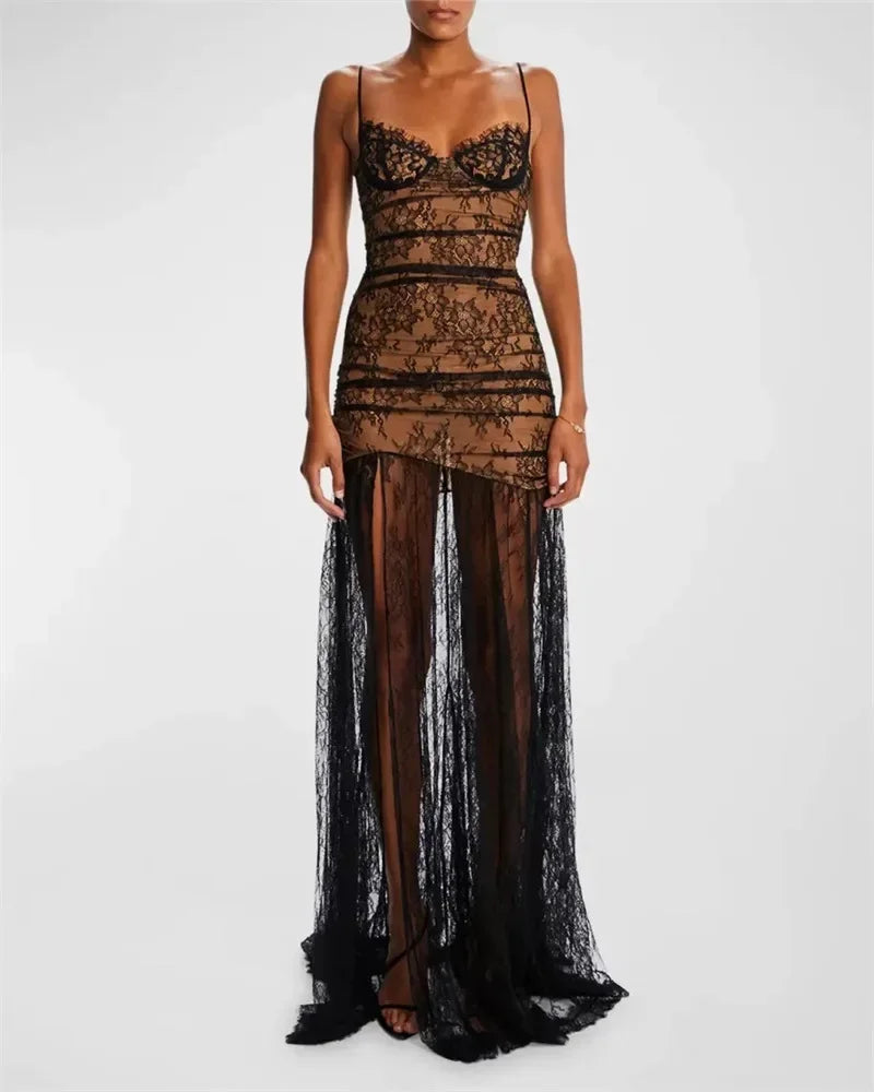 Black Lace Mesh Bodycon Gown with Sheer Overlay