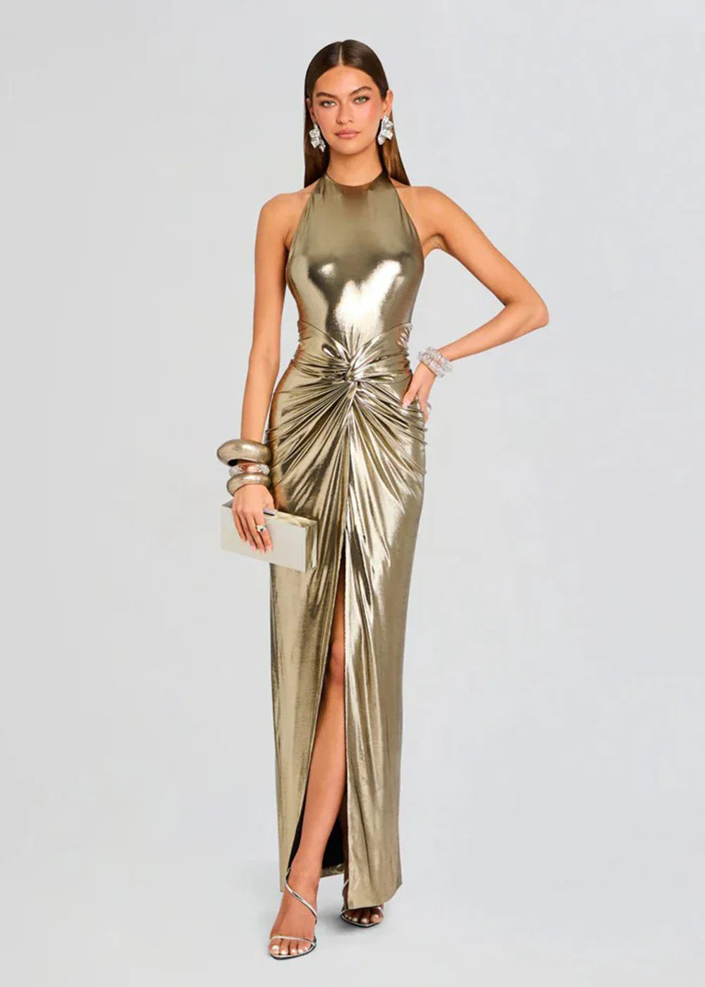 Champagne Gold Hanging Neck Backless Slit Dress