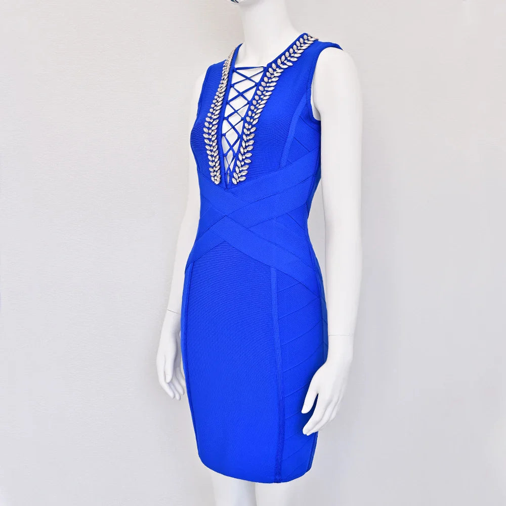 Blue Lace Up Bandage Mini Dress | Crystal Detail Glam Fit