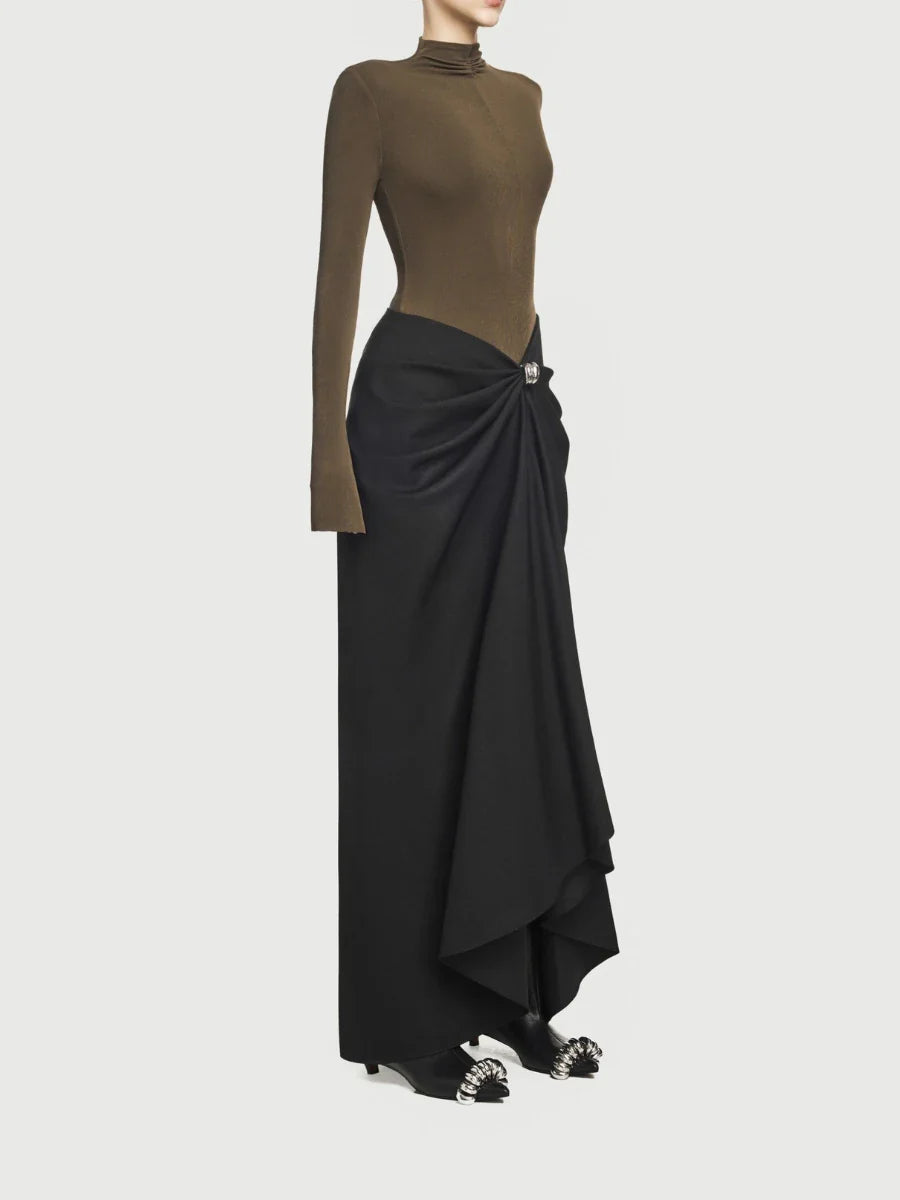 Long Sleeve Turtle Neck And Satin Hook Maxi Skirt Set