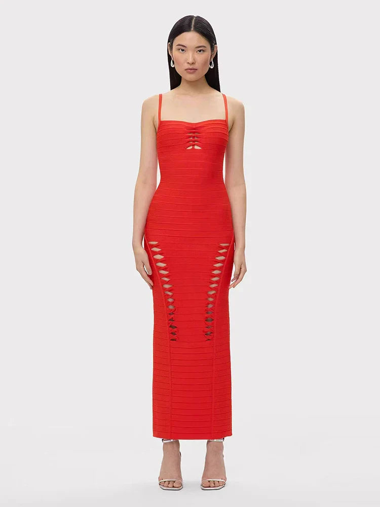 Red Spaghetti Strap Cut Out Bandage Maxi Dress