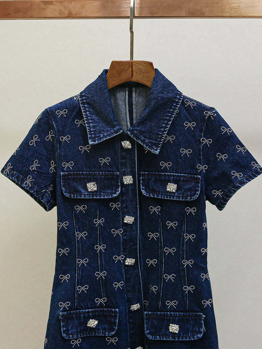 Denim Bowknot Short-Sleeve Pocket Mini Dress