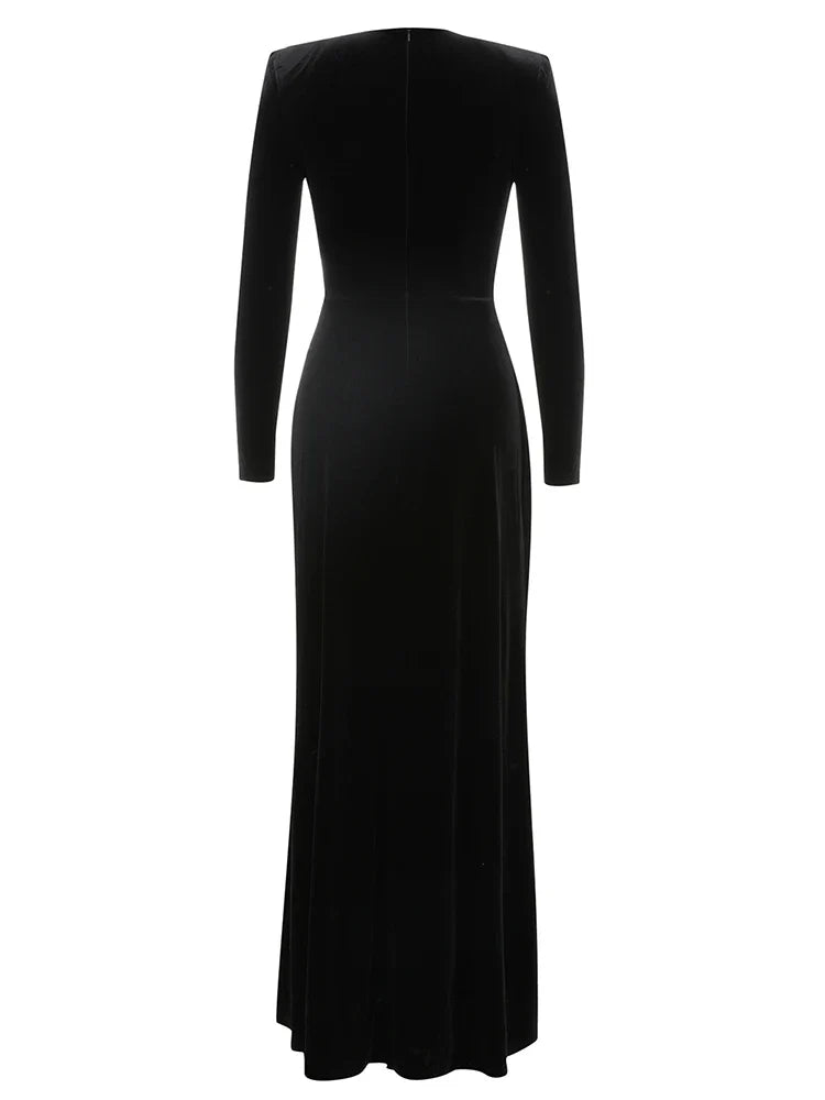 Black Velvet Sequin Mesh Dress | O Neck Long Sleeve Gown