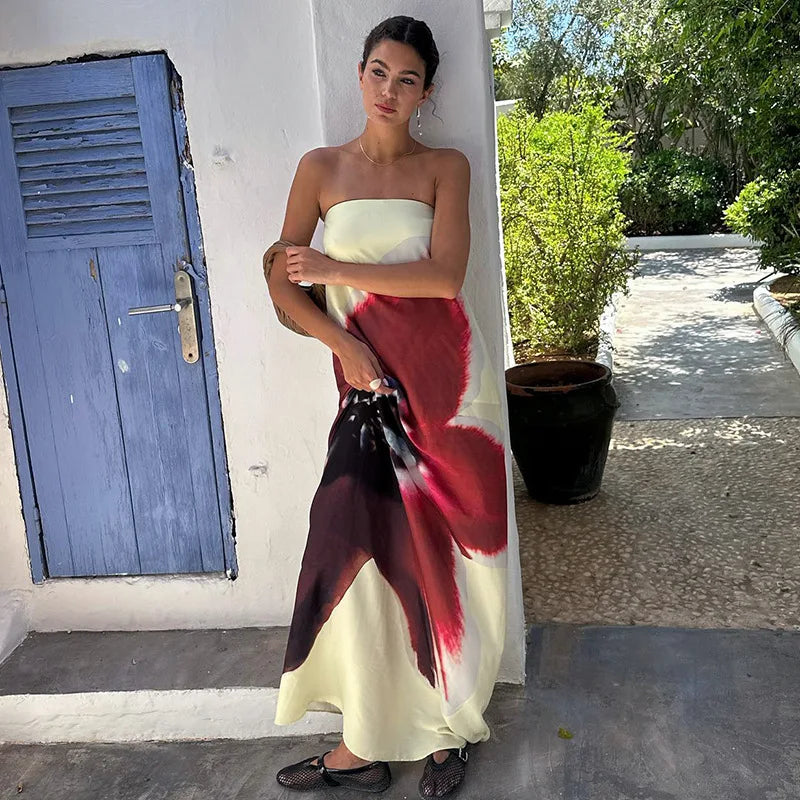 Yellow Strapless Floral Maxi Dress – Backless Loose Fit Summer Beachwear for Women