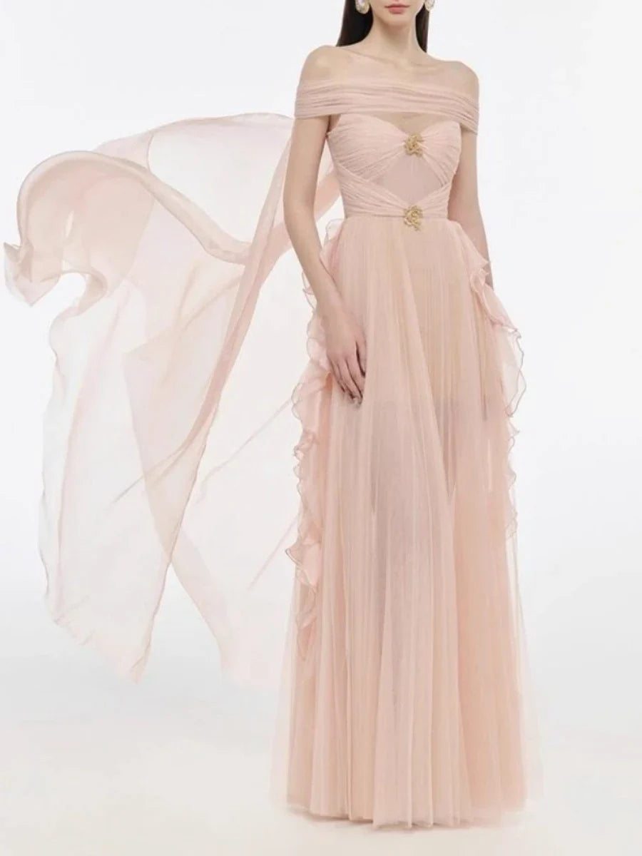 Pink Pleated Gold Brooch Cape Scarf Maxi Dress