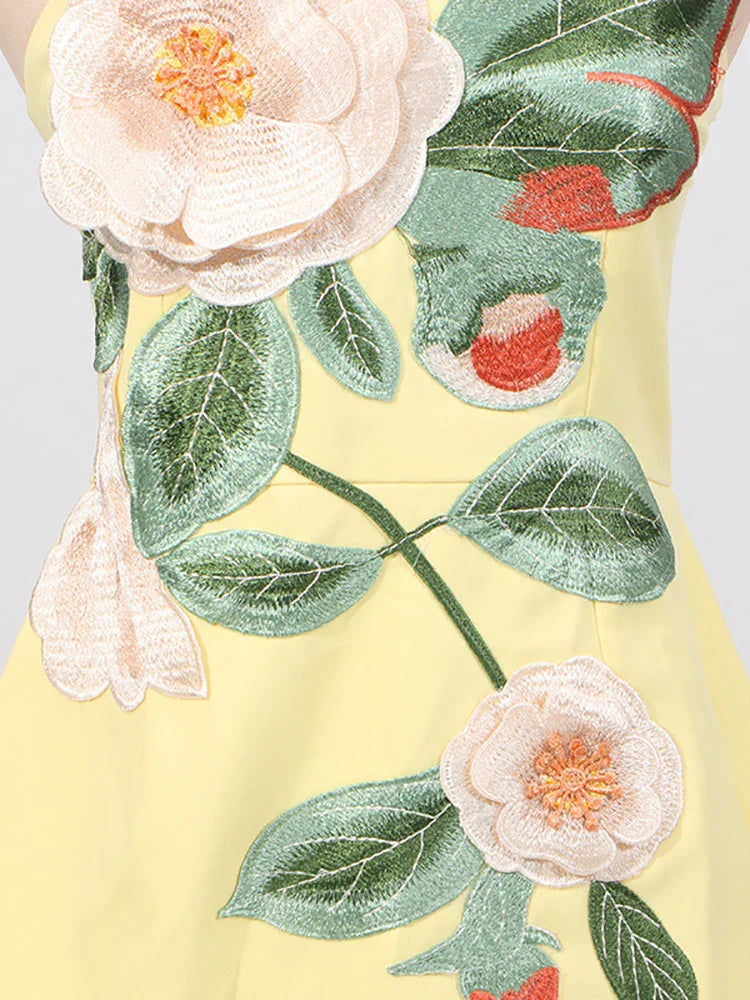 Yellow Strapless Embroidered Floral Mini Dress
