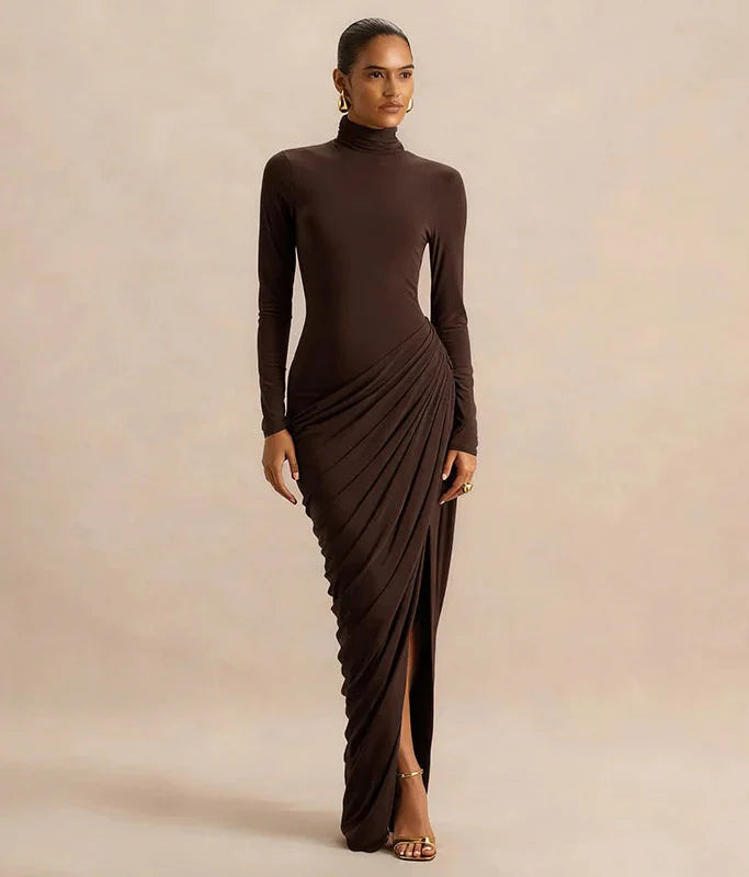 Turtleneck Long Sleeve Ruched Split Evening Maxi Dress