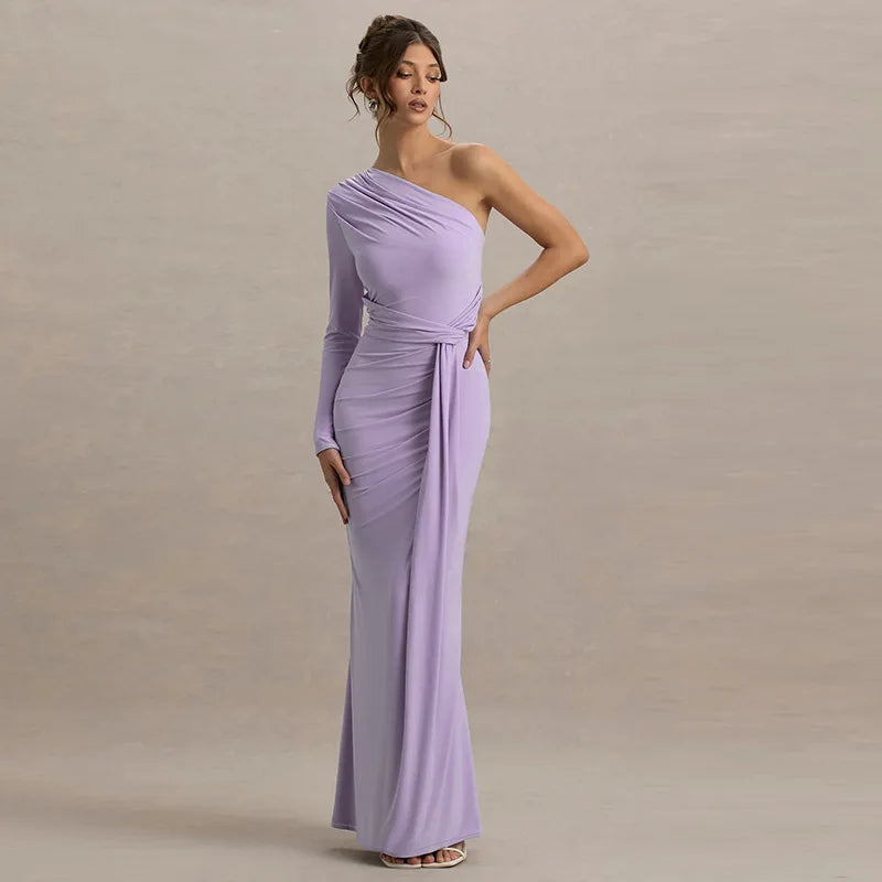 Long Sleeve One-Shoulder Tie Up Drape Maxi Dress