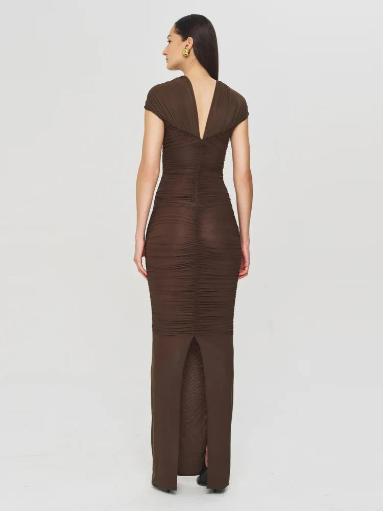 Brown Off Shoulder Hollow Out Evening Dress | V Neck Slim Party Gown