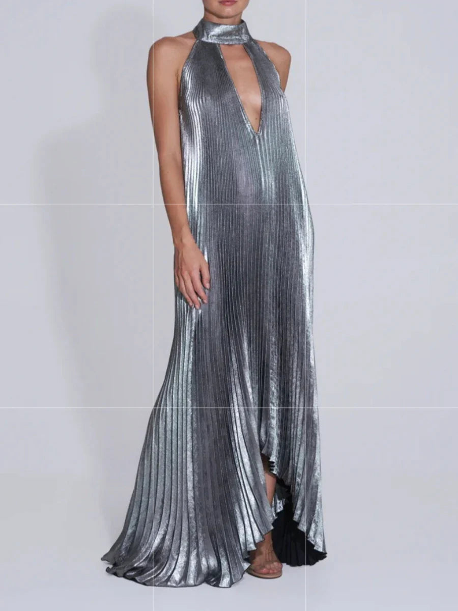 Metallic Pleated Halter Maxi Dress