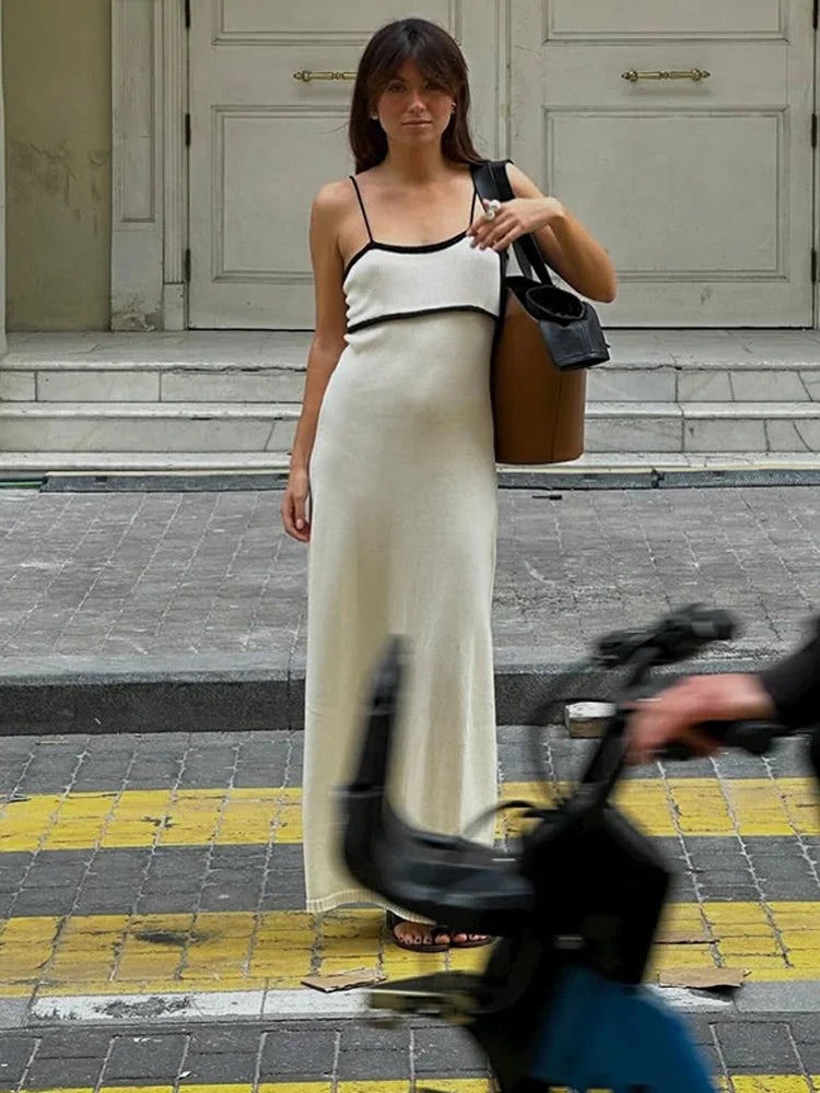 White Knitted Long Dress with Black Contrast Seams