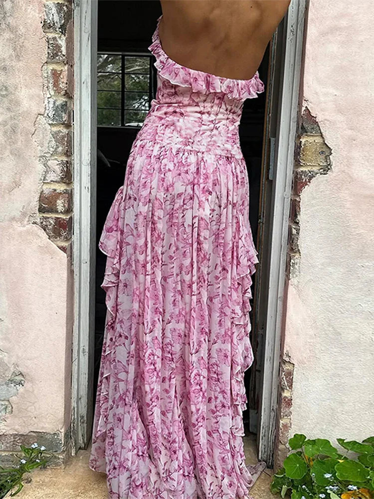 Pink Floral Halter Backless Long Dress – Elegant Summer Beach Evening Look