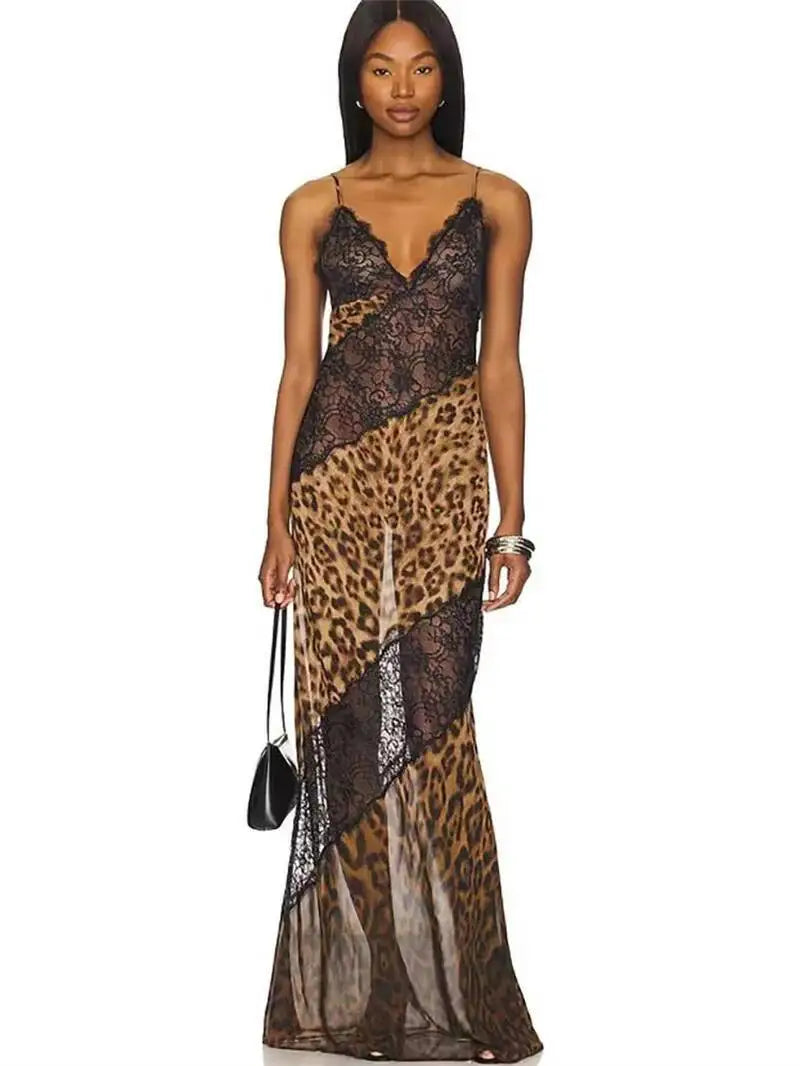 Leopard Print Spaghetti Strap Maxi Dress