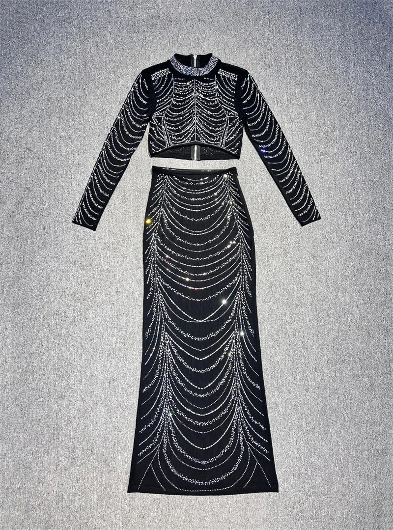 Black Sequin Crop Top & Maxi Skirt Set | Luxe Gala Party Look