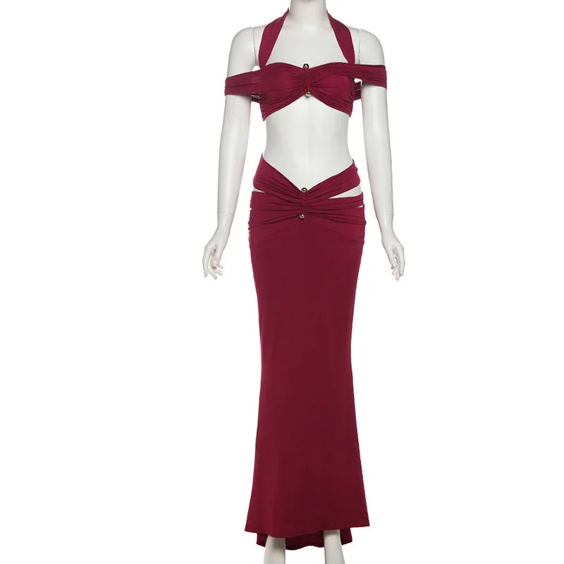 Burgundy Cutout Halter Two-Piece Set, Maxi Skirt