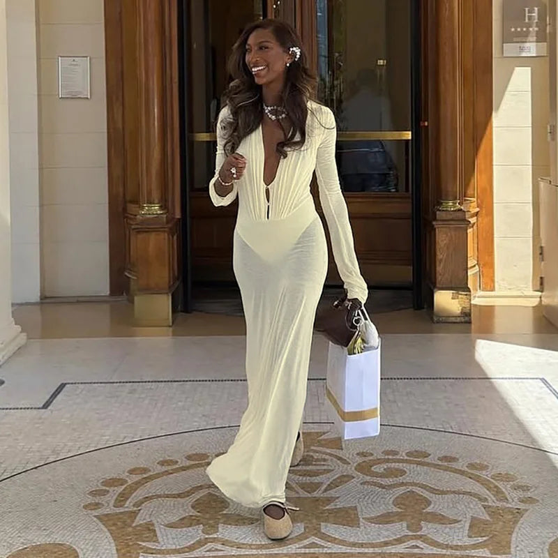 Mesh Deep V-Neck Bodycon Maxi Dress – Long Sleeve Floor-Length Gown