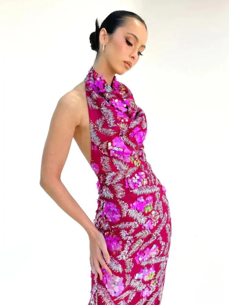 Pink Halter Sequin Midi Dress with Draped Neck Detail