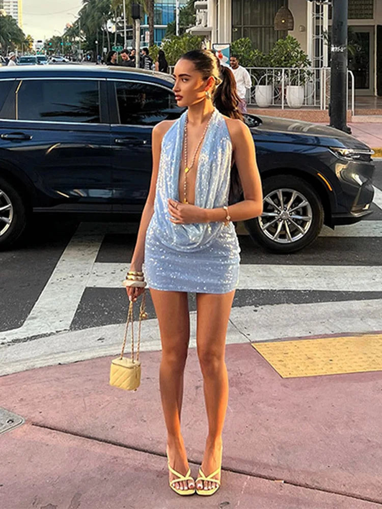 Icy Blue Night – Sequin Halter Mini Dress for After-Dark Glam