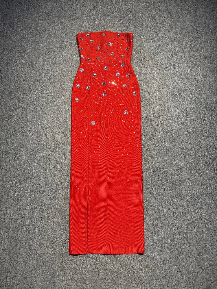 Red Strapless Diamond Beaded Gown | Glam Evening Elegance