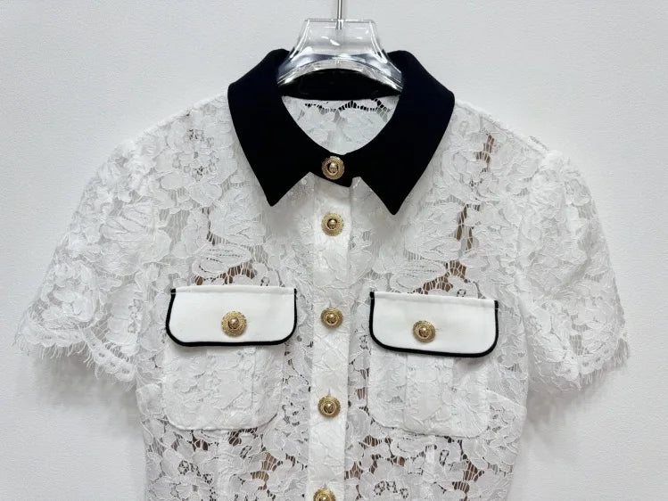 White Lace Short Summer Dress with Black Collar – Embroidered Fit & Flare Pocket Dress