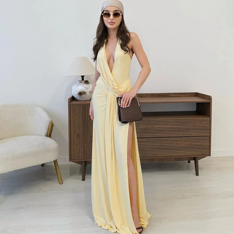 Halter Deep V-Neck Draped Maxi Dress