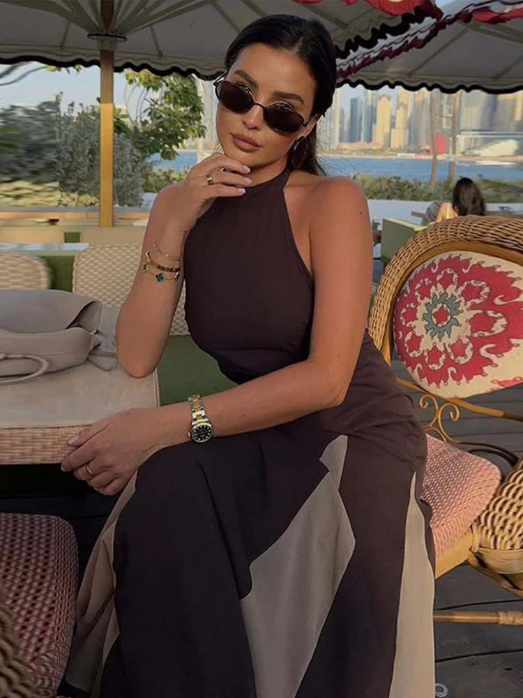 Brown Pleated Patchwork Halter Long Dress