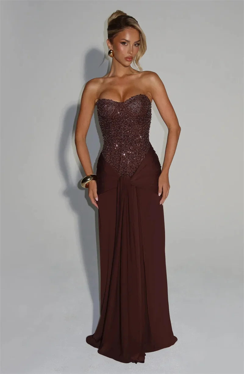 Sequin Strapless Draped Waist Evening Gown