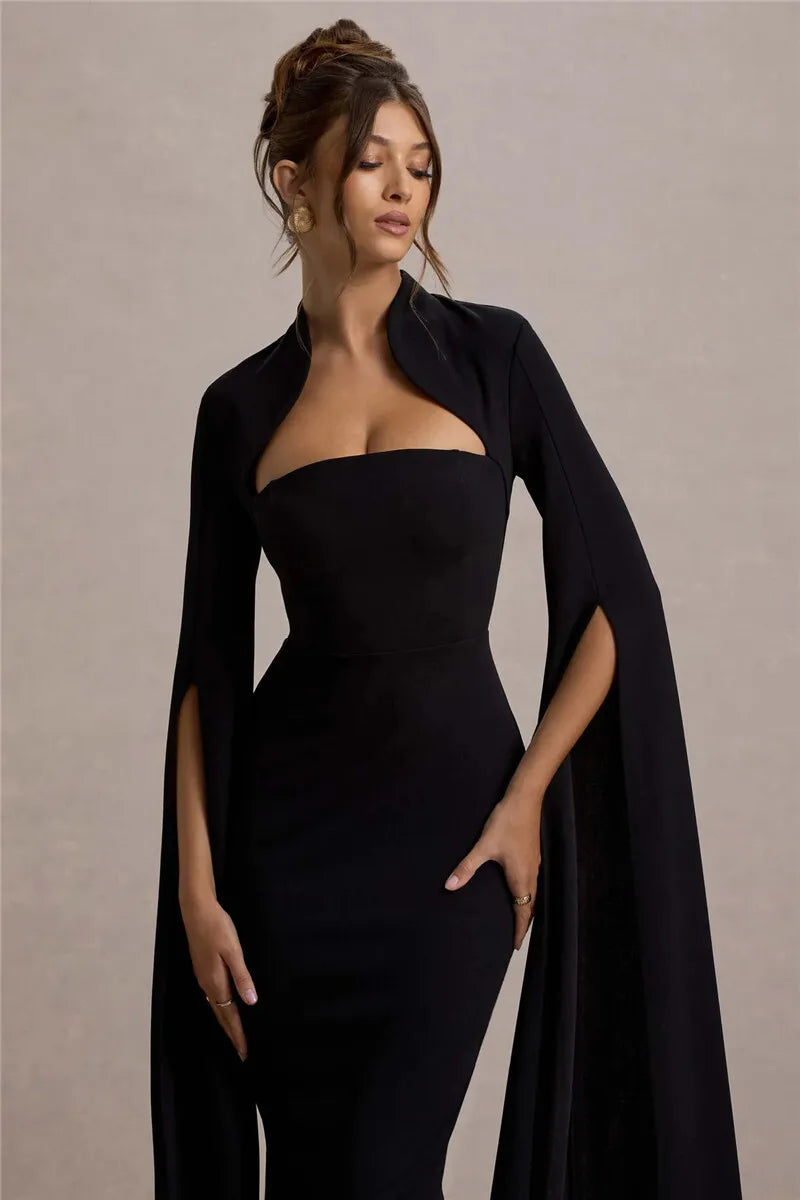 Black Midi Dress with Long Cape Sleeves