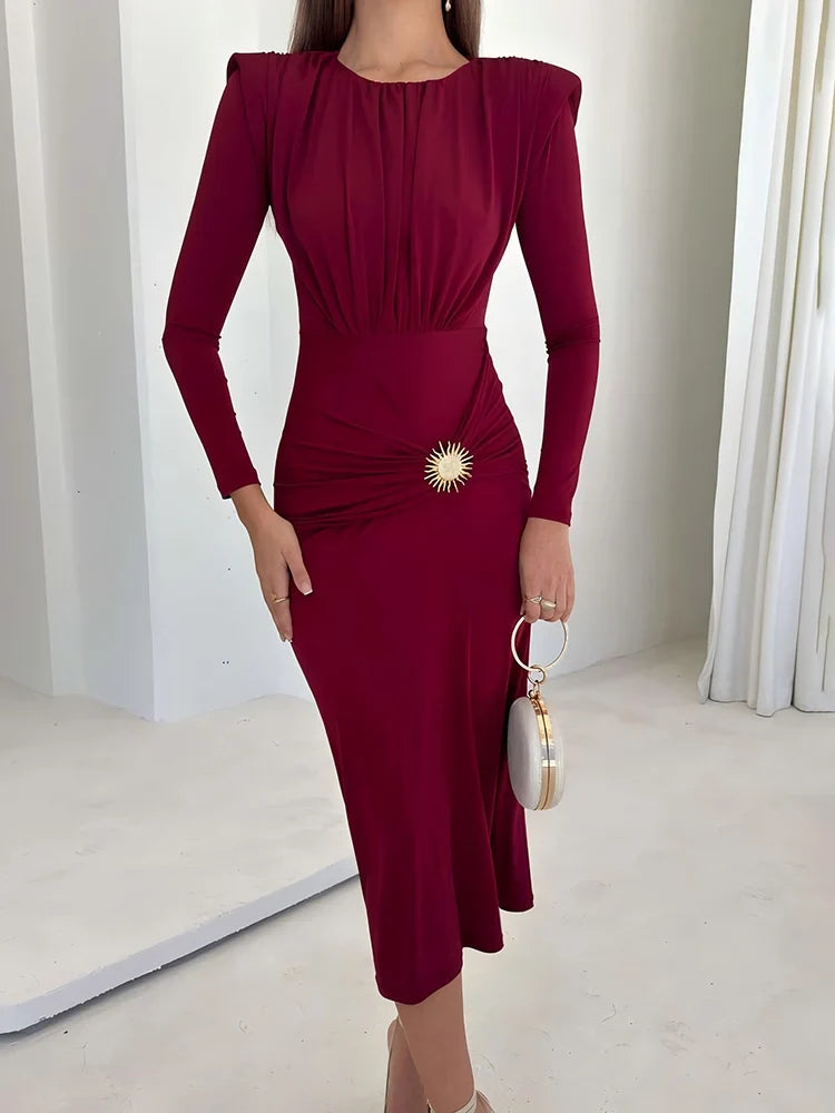 Long Sleeve Draped Metal Detail Maxi Dress