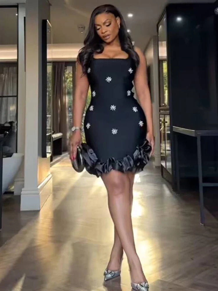 Light Blue Crystal Flower Bandage Mini Dress | Square Neck Evening Party Gown