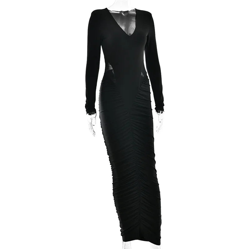 Deep V Neck Long Sleeve Cut Out Maxi Dress