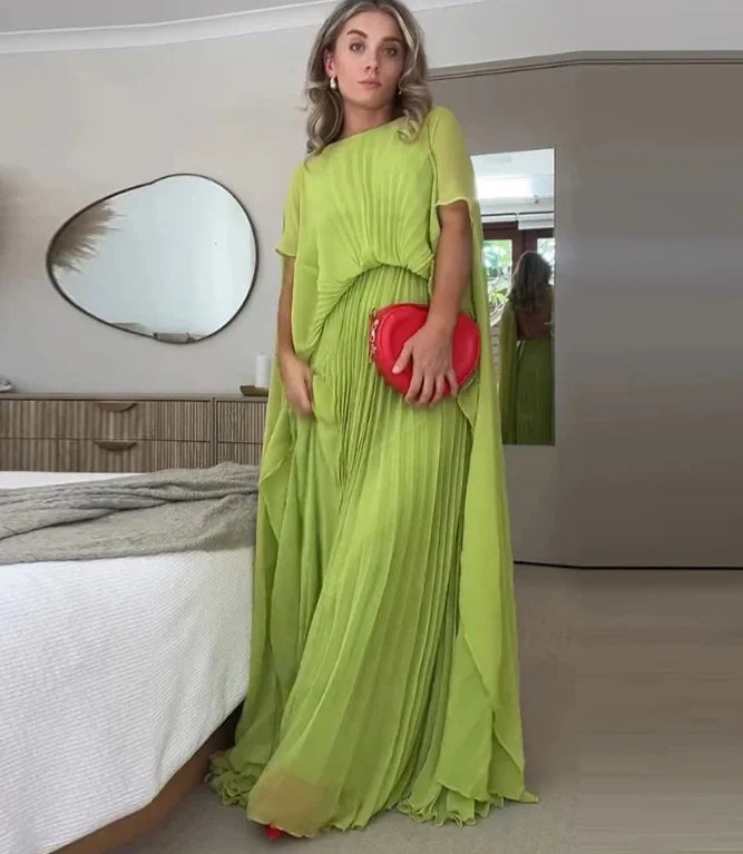 Chic Lime Green Pleated Maxi Dress – Backless