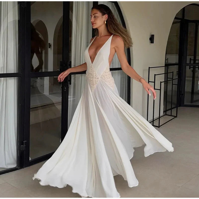 White Pleated Deep V-Neck Backless Maxi Dress