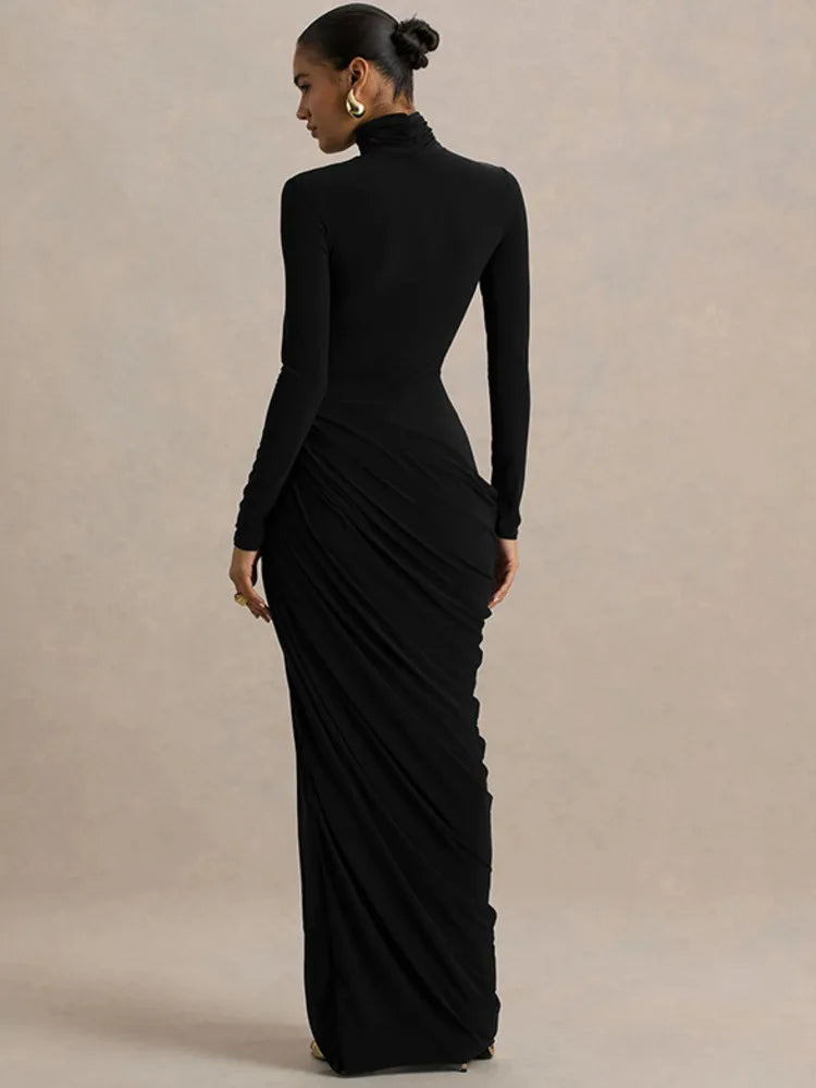 Turtleneck Long Sleeve Ruched Split Evening Maxi Dress