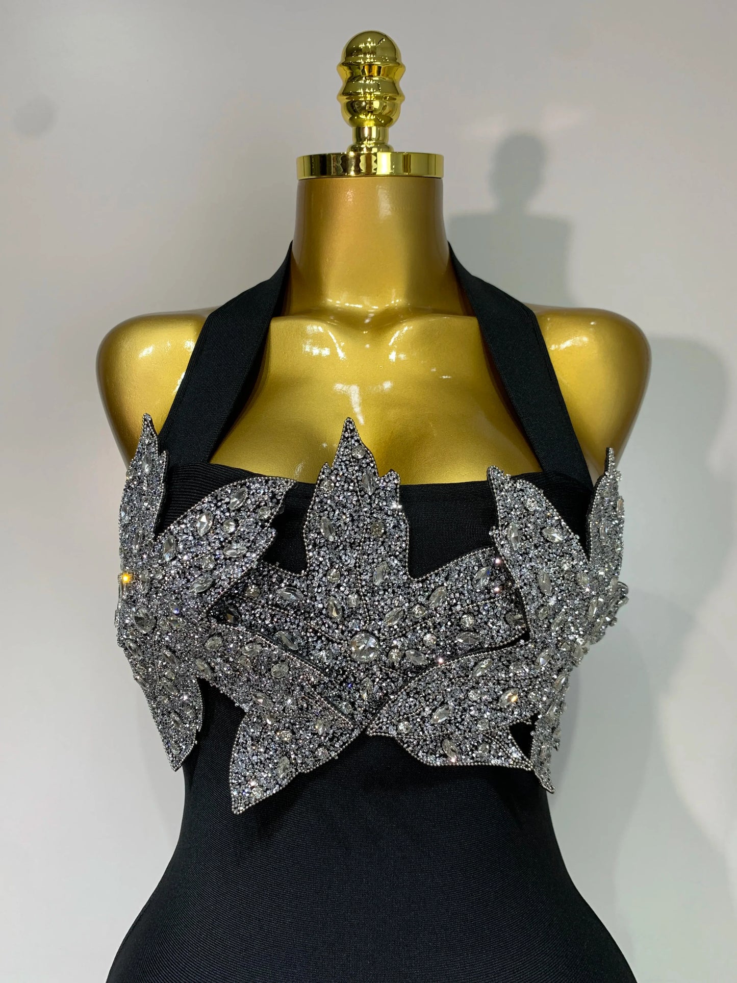 Black Halter Backless Shiny Diamond Flower Bodycon Dress