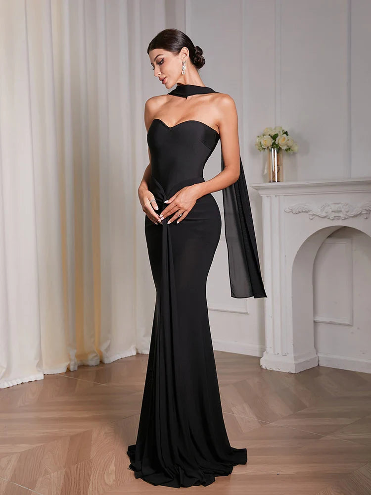 Black Strapless Draped Patchwork Maxi Dress