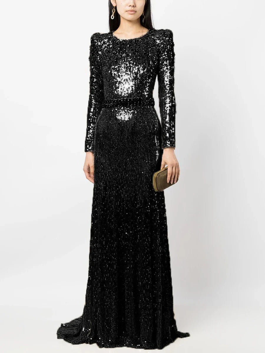 Gold & Black Sequin Gown | Elegant Long Sleeve Evening Dress