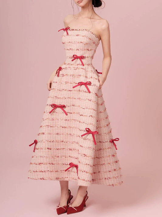 Pink Tweed Bowknots Strapless Maxi Dress