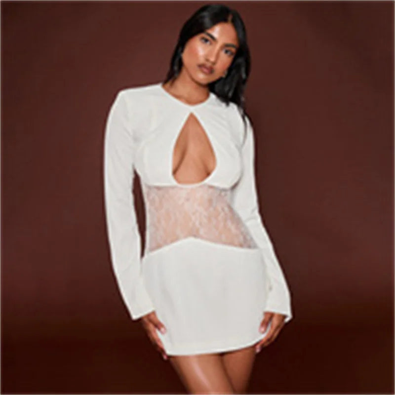 Lace Waist Cutout Long Sleeve Mini Dress