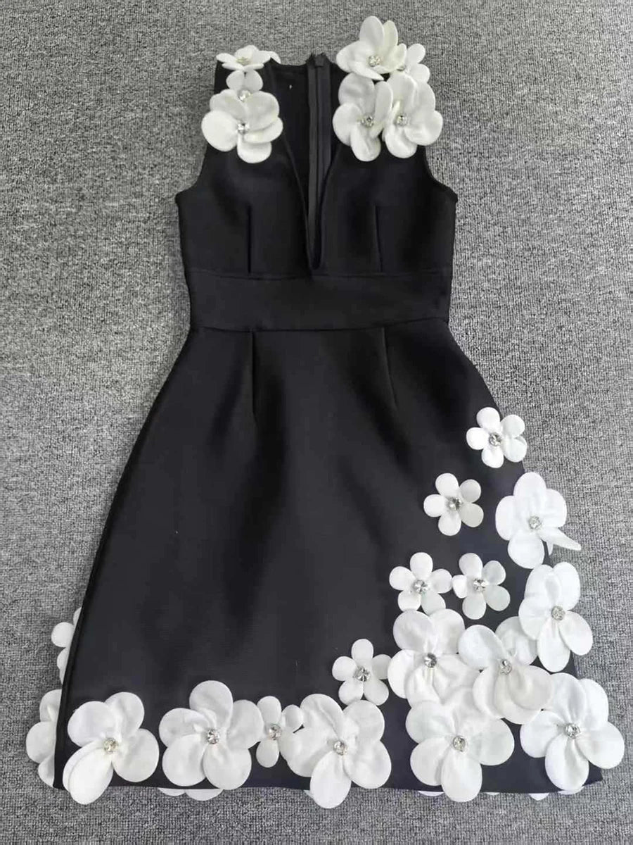 Black V-Neck Mini Dress with 3D Floral Decoration