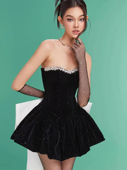 Red & Black Strapless Crystals Beaded Mini Dress with Big Bow