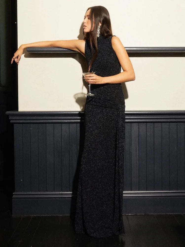 Shiny High-Neck Sleeveless Wrap Maxi Dress