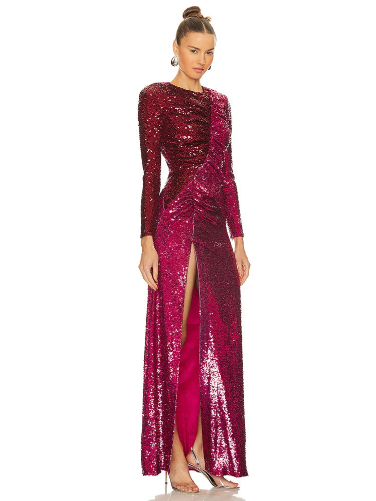 Burgundy Sequin High Split Long Dress