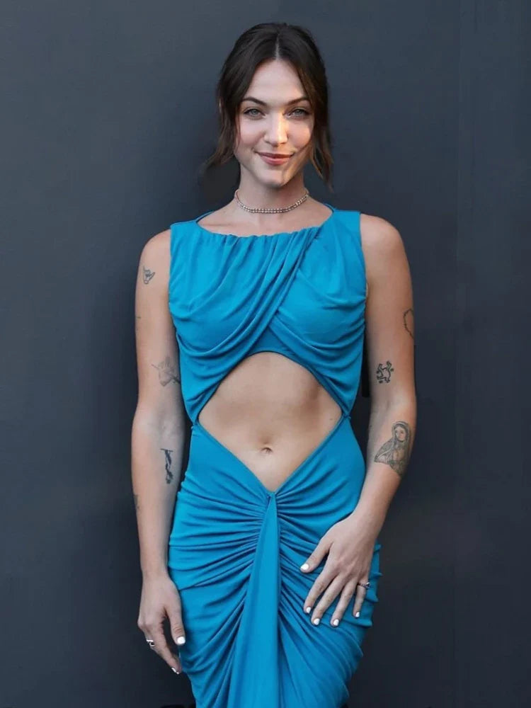 Blue Cut-Out Gathered Sheath Gown | Evening Statement Dress