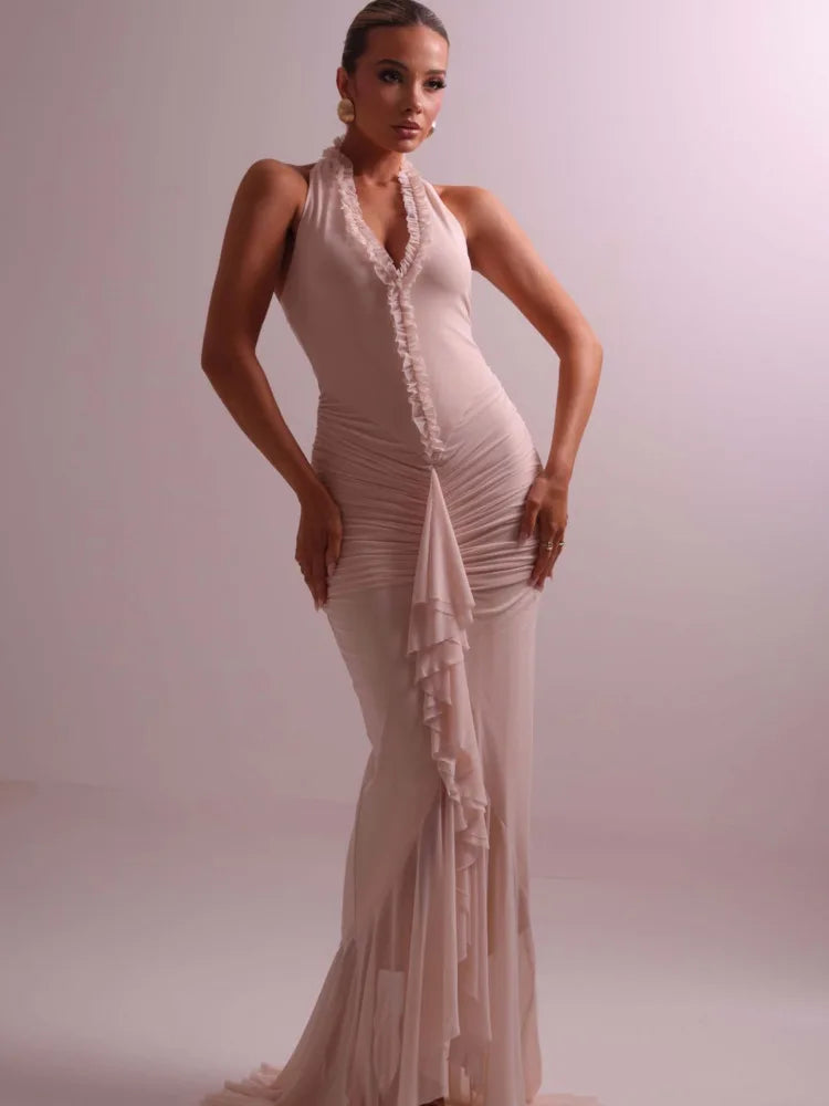Frill Trim Ruffle Hem Halter Maxi Dress