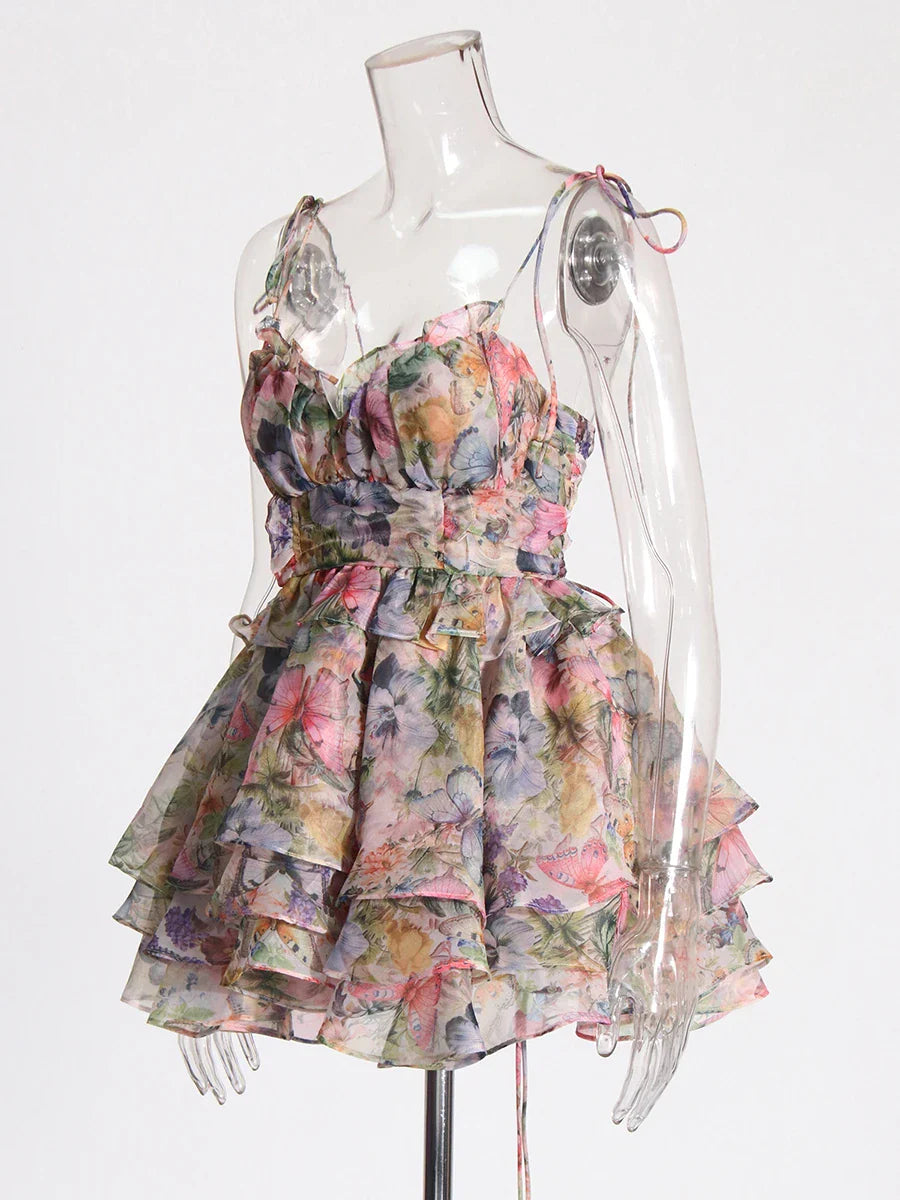 Printed Mini Dress - Square Neck Sleeveless A-Line