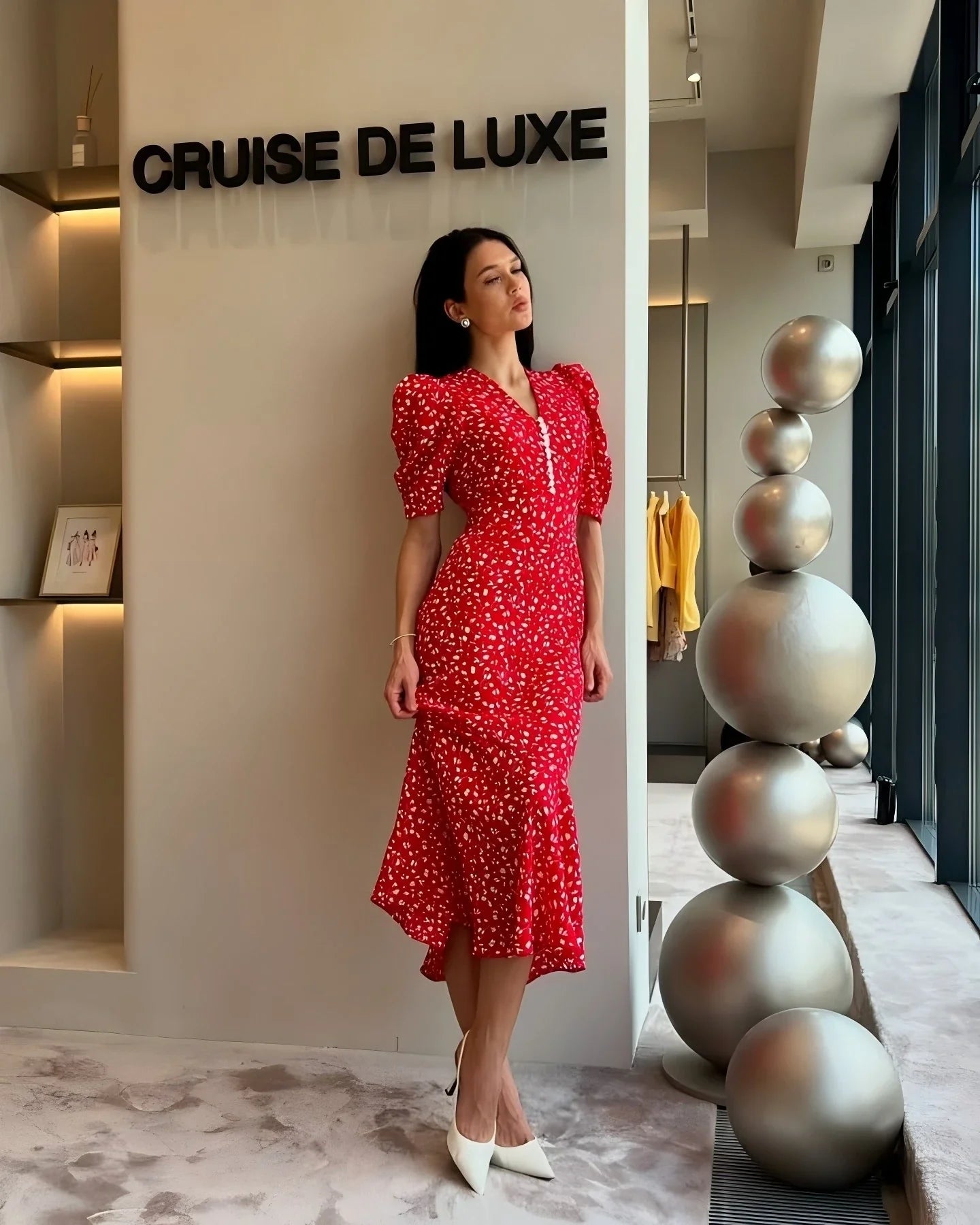 Half-Sleeve Polka Dot Midi Dress