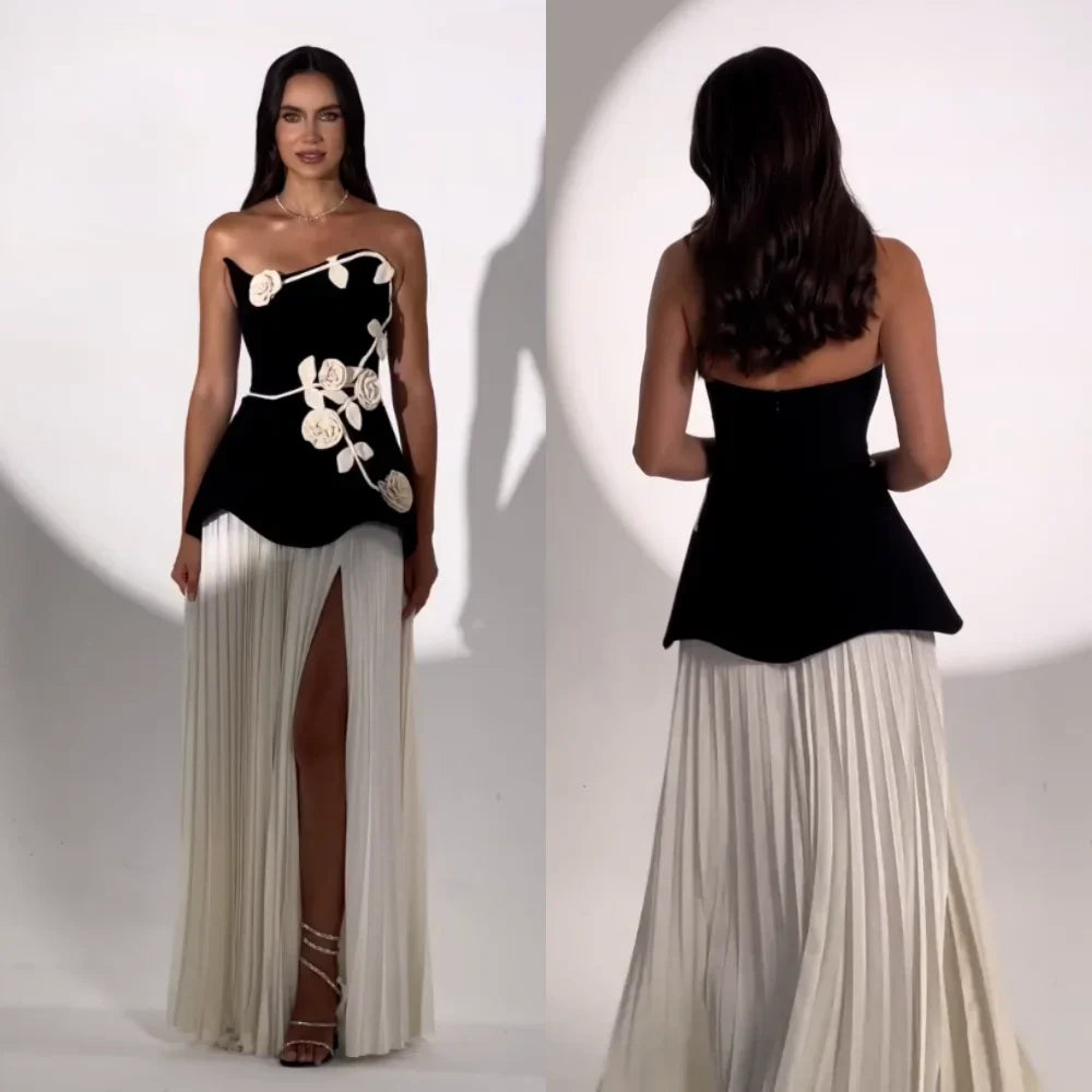 Strapless Bloom-Appliqué Pleated Evening Gown