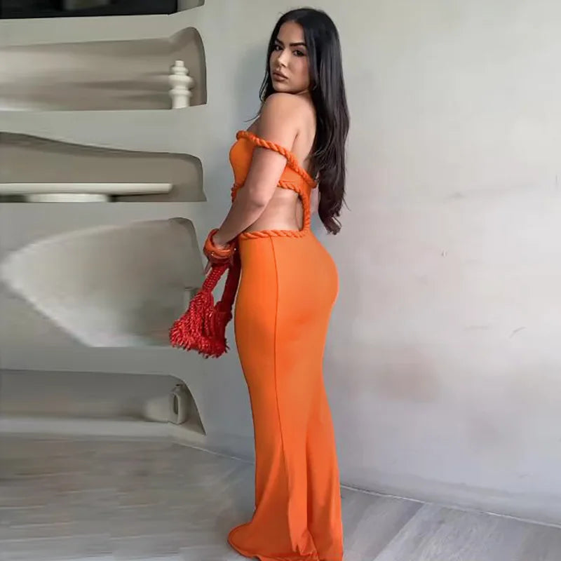 Off-Shoulder Orange Maxi Dress | Sleek Cut-Out Evening Look